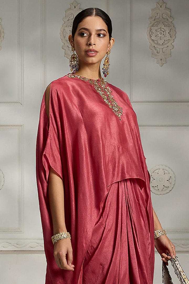 Onion Pink Russian Silk Draped Skirt Set by Rivaar by rocky star at Pernia's Pop Up Shop