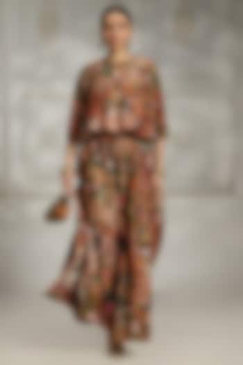 Rust Polyester Floral Printed Cape Set by Rivaar by rocky star at Pernia's Pop Up Shop