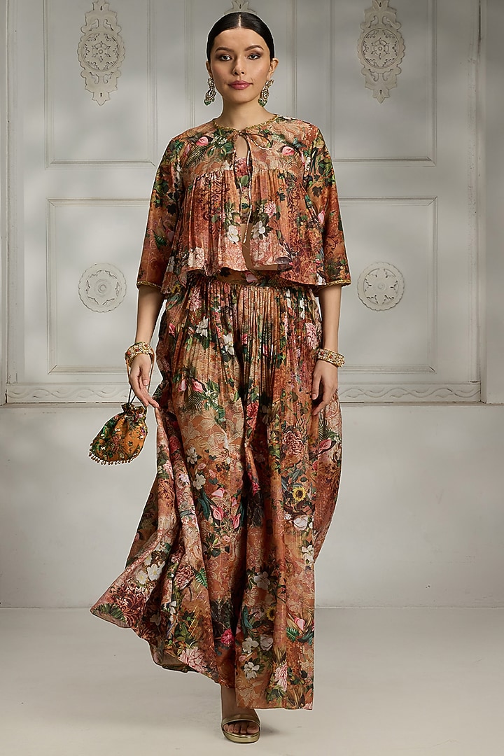 Rust Polyester Floral Printed Cape Set by Rivaar by rocky star at Pernia's Pop Up Shop