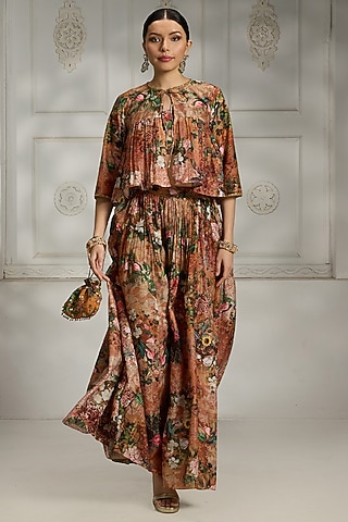 Rust Polyester Floral Printed Cape Set by Rivaar by rocky star
