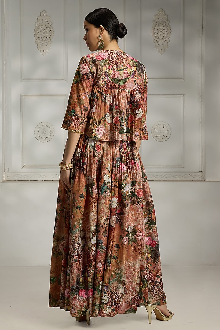 Rust Polyester Floral Printed Cape Set by Rivaar by rocky star at Pernia's Pop Up Shop