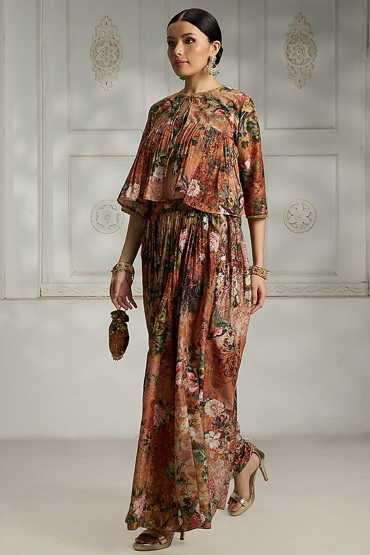 Rust Polyester Floral Printed Cape Set by Rivaar by rocky star at Pernia's Pop Up Shop