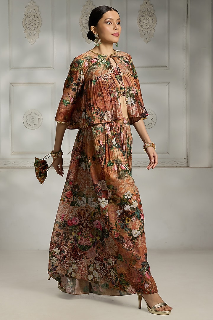 Rust Polyester Floral Printed Cape Set by Rivaar by rocky star at Pernia's Pop Up Shop
