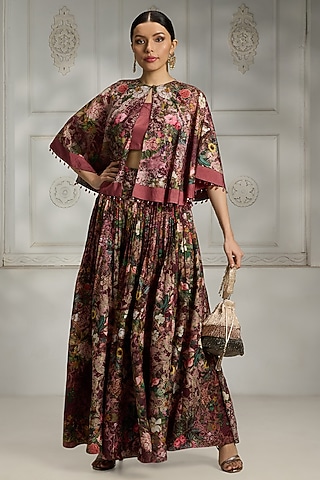 Maroon Polyester Printed Cape Set by Rivaar by rocky star