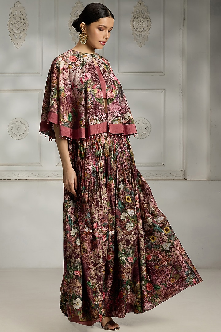 Maroon Polyester Printed Cape Set by Rivaar by rocky star at Pernia's Pop Up Shop