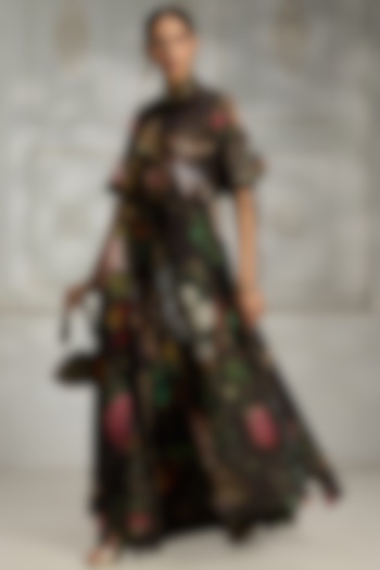 Black Polyester Botanical Printed Skirt Set by Rivaar by rocky star at Pernia's Pop Up Shop