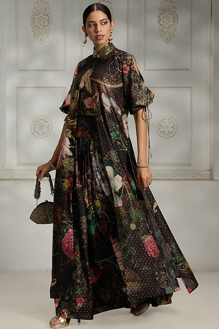 Black Polyester Botanical Printed Skirt Set by Rivaar by rocky star at Pernia's Pop Up Shop