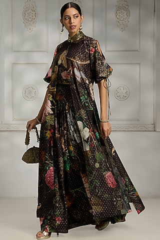 Black Polyester Botanical Printed Skirt Set by Rivaar by rocky star
