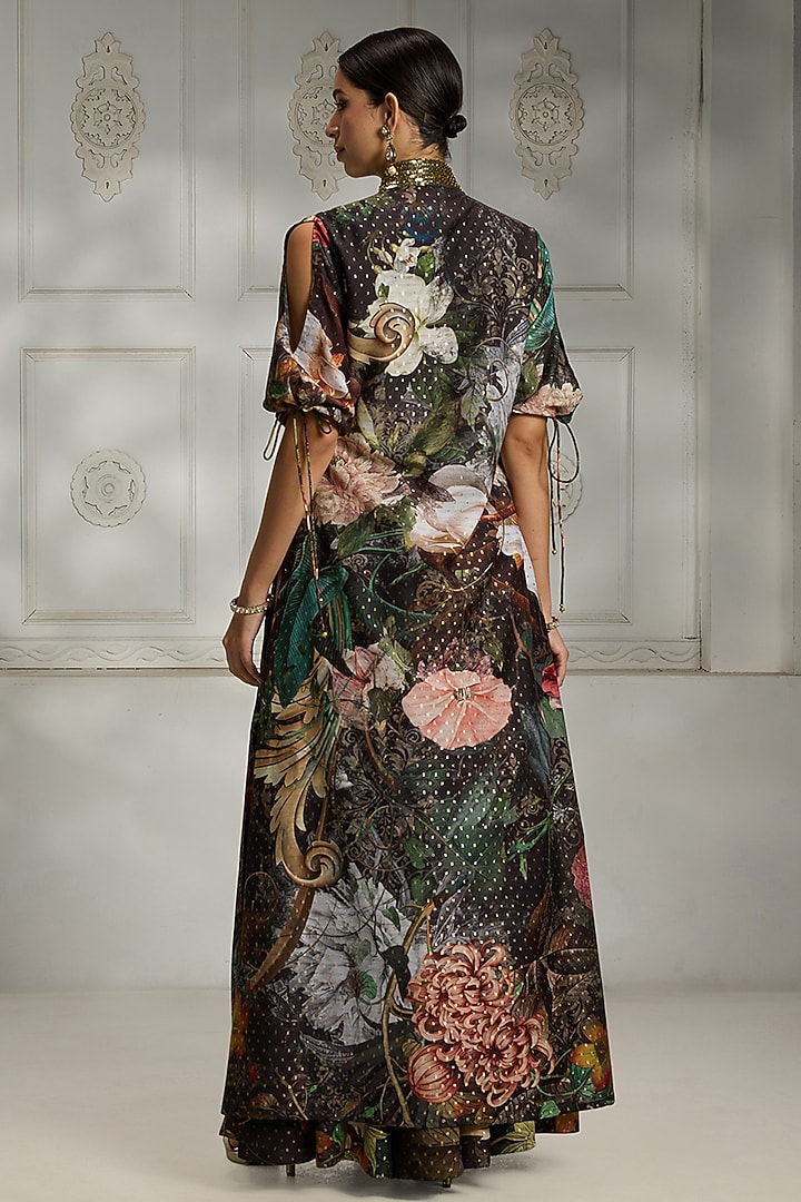 Black Polyester Botanical Printed Skirt Set by Rivaar by rocky star at Pernia's Pop Up Shop