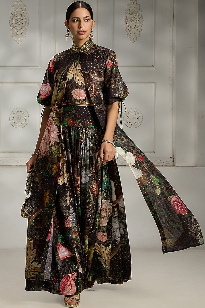Black Polyester Botanical Printed Skirt Set by Rivaar by rocky star at Pernia's Pop Up Shop