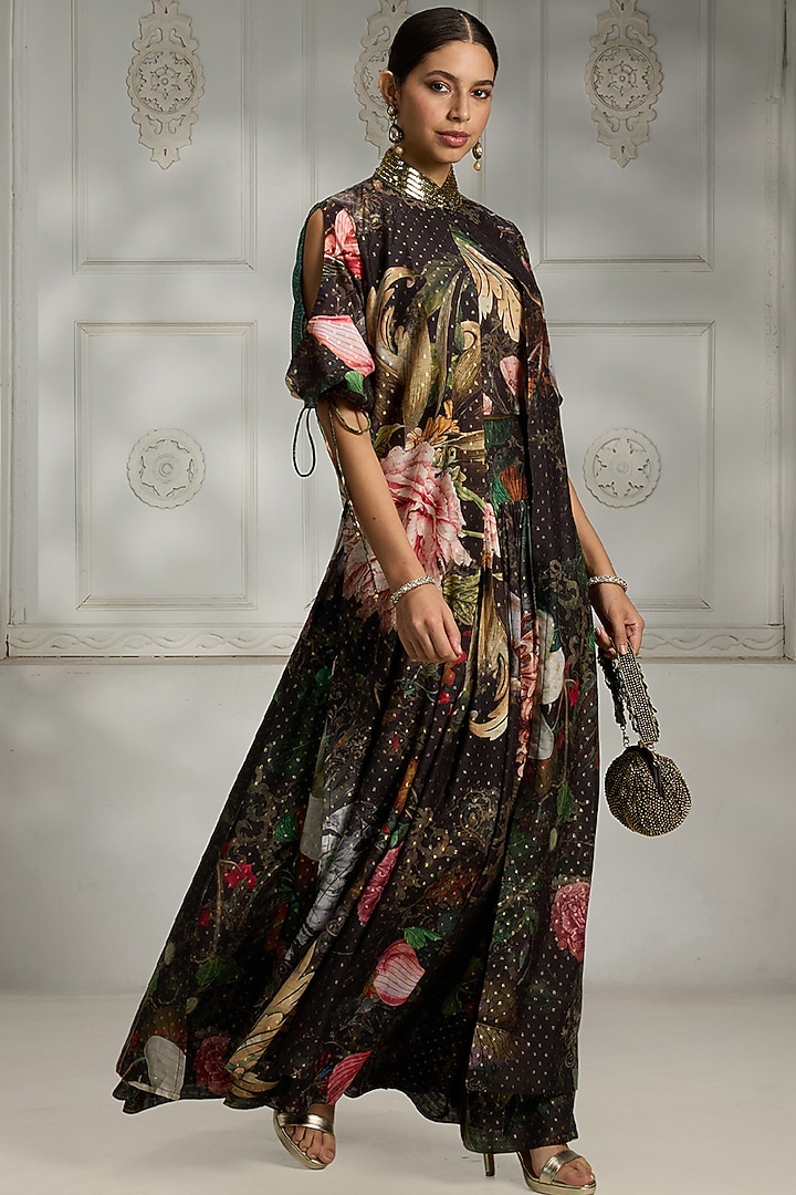 Black Polyester Botanical Printed Skirt Set by Rivaar by rocky star at Pernia's Pop Up Shop