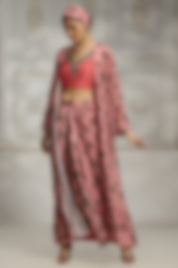 Pink Crepe Printed Draped Skirt Set by Rivaar by rocky star at Pernia's Pop Up Shop