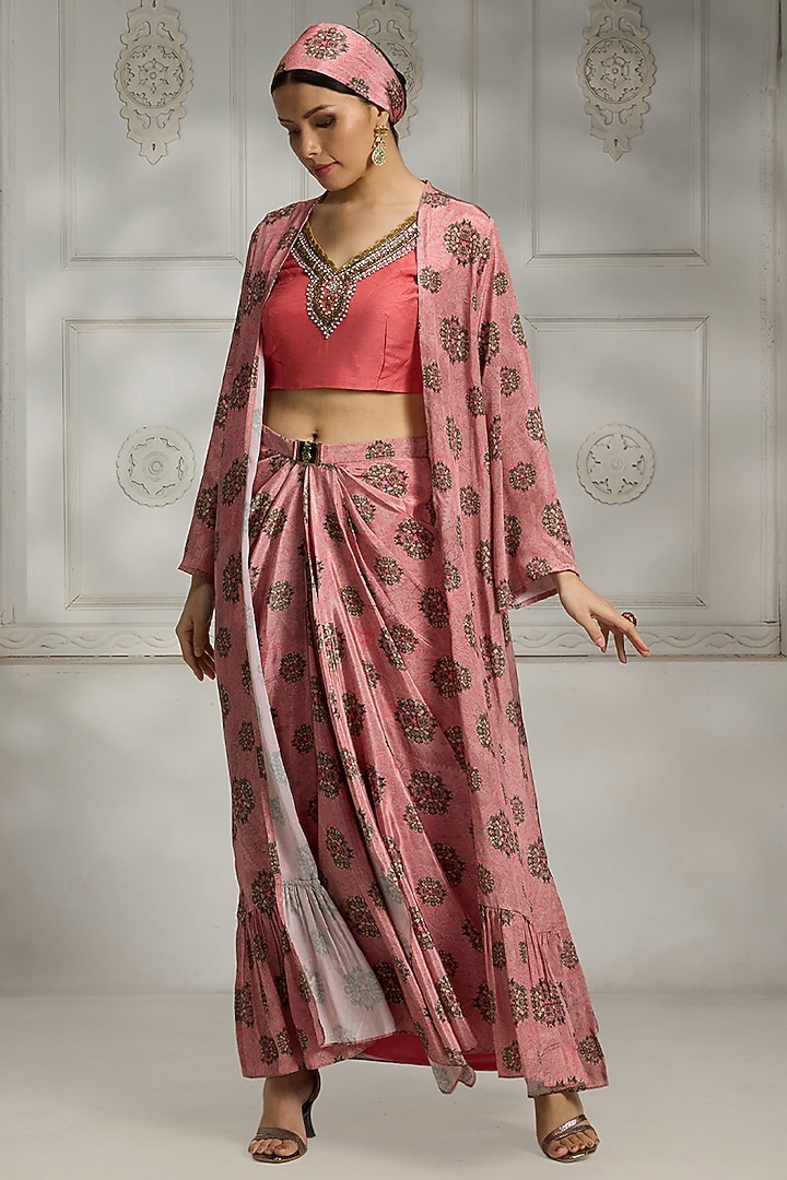 Pink Crepe Printed Draped Skirt Set by Rivaar by rocky star at Pernia's Pop Up Shop