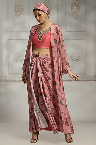 Pink Crepe Printed Draped Skirt Set by Rivaar by rocky star
