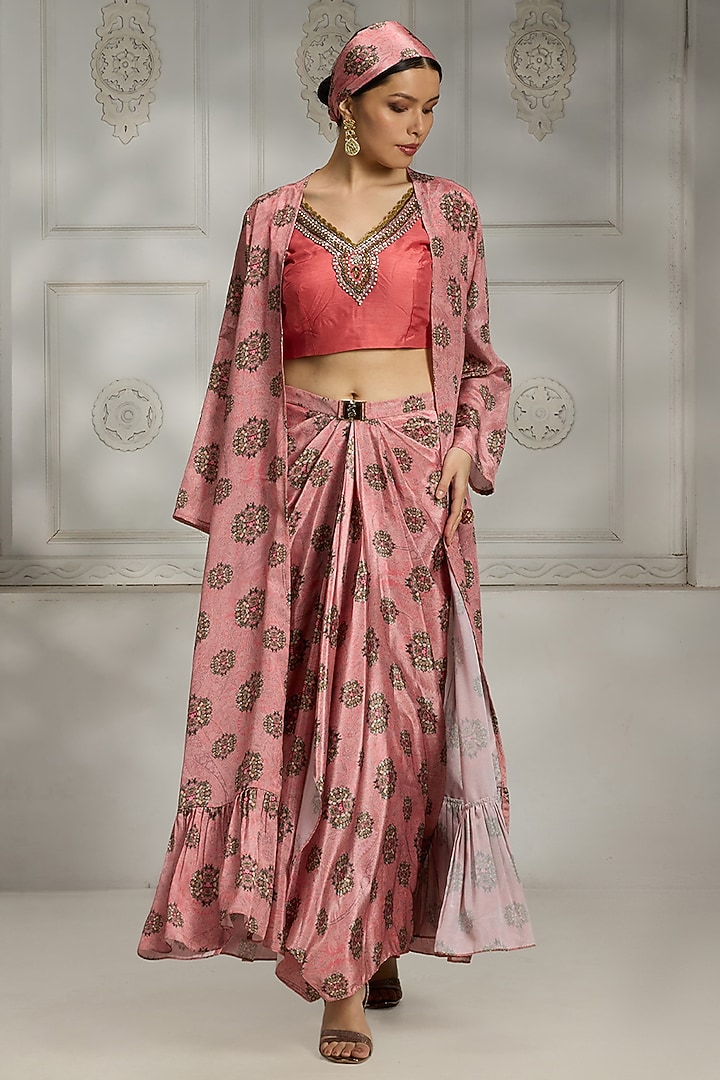 Pink Crepe Printed Draped Skirt Set by Rivaar by rocky star at Pernia's Pop Up Shop