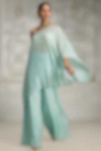Sky Blue Silk Sequins Work Asymmetric Cape Set by Rivaar by rocky star at Pernia's Pop Up Shop