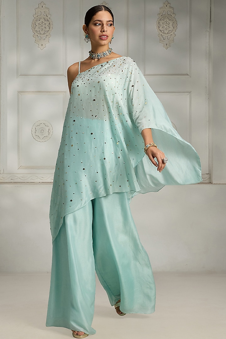 Sky Blue Silk Sequins Work Asymmetric Cape Set by Rivaar by rocky star at Pernia's Pop Up Shop