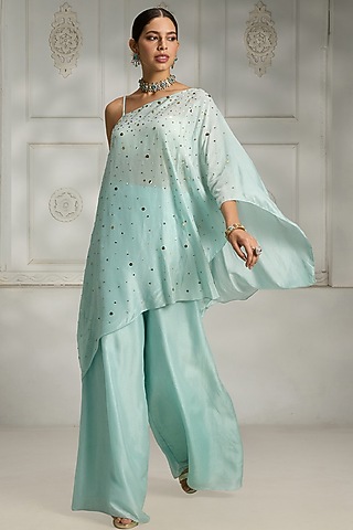 Sky Blue Silk Sequins Work Asymmetric Cape Set by Rivaar by rocky star