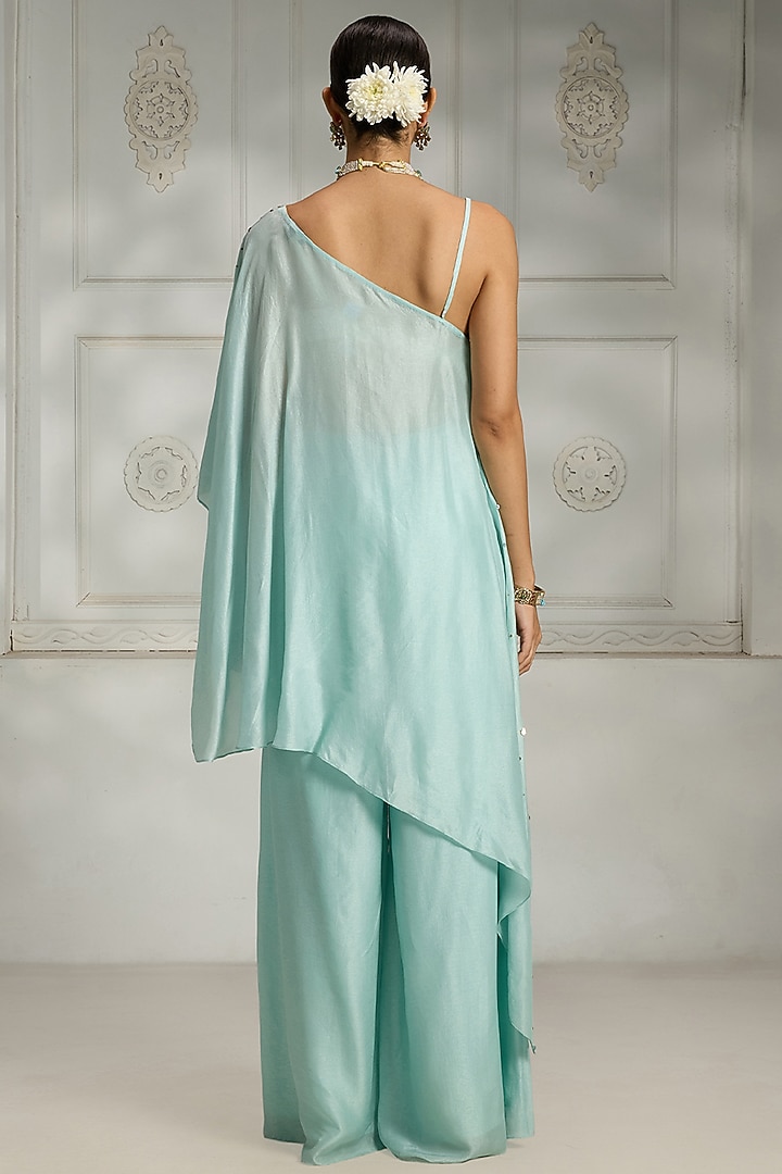 Sky Blue Silk Sequins Work Asymmetric Cape Set by Rivaar by rocky star at Pernia's Pop Up Shop