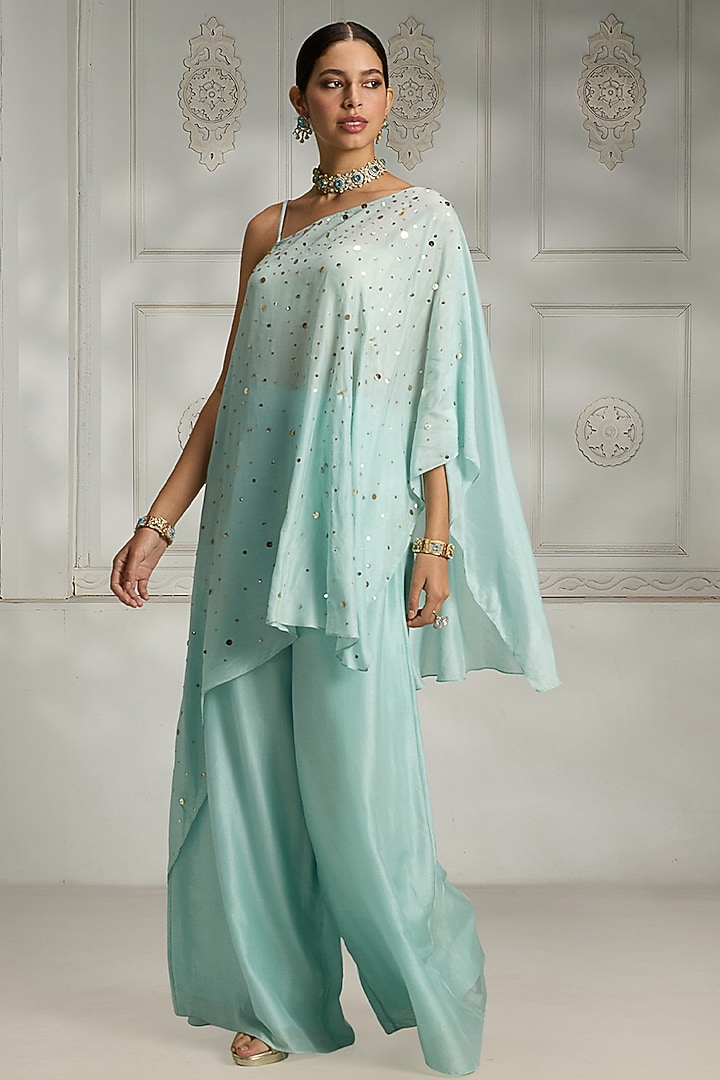 Sky Blue Silk Sequins Work Asymmetric Cape Set by Rivaar by rocky star at Pernia's Pop Up Shop