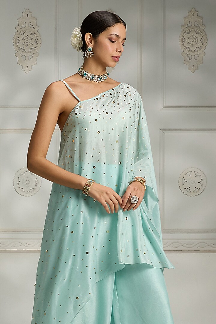 Sky Blue Silk Sequins Work Asymmetric Cape Set by Rivaar by rocky star at Pernia's Pop Up Shop
