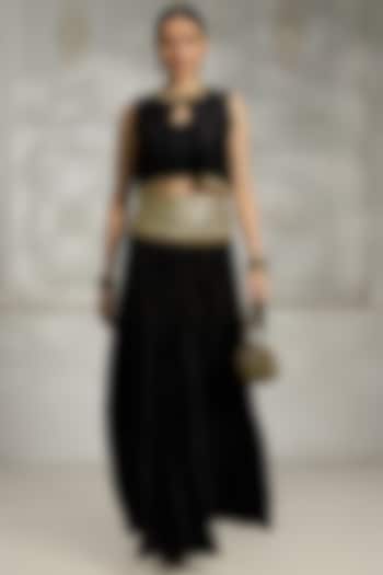 Black Silk Embroidered Skirt Set by Rivaar by rocky star at Pernia's Pop Up Shop