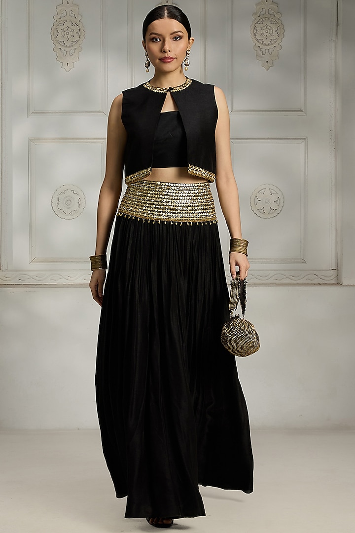 Black Silk Embroidered Skirt Set by Rivaar by rocky star at Pernia's Pop Up Shop