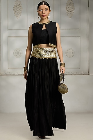 Black Silk Embroidered Skirt Set by Rivaar by rocky star