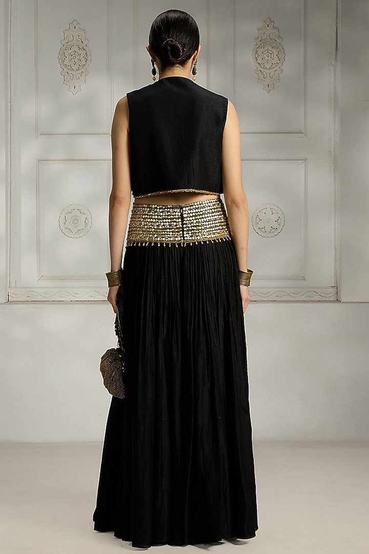Black Silk Embroidered Skirt Set by Rivaar by rocky star at Pernia's Pop Up Shop