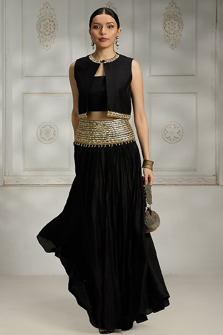 Black Silk Embroidered Skirt Set by Rivaar by rocky star at Pernia's Pop Up Shop