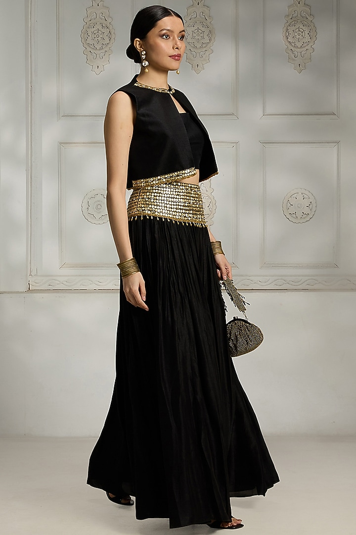 Black Silk Embroidered Skirt Set by Rivaar by rocky star at Pernia's Pop Up Shop