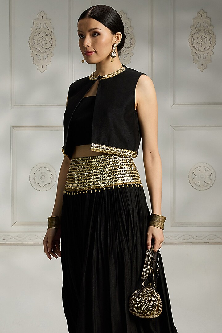 Black Silk Embroidered Skirt Set by Rivaar by rocky star at Pernia's Pop Up Shop