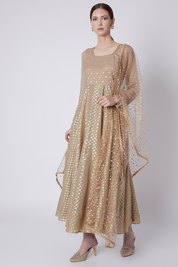Gold Embroidered Party Wear Anarkali With Dupatta by Rishi & Vibhuti at Pernia's Pop Up Shop