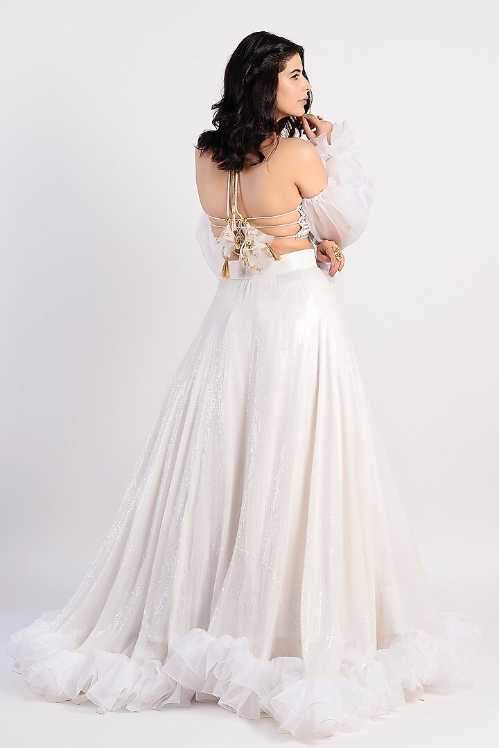 White Embroidered Wedding Lehenga Set With Detachable Sleeves by Rishi & Vibhuti at Pernia's Pop Up Shop