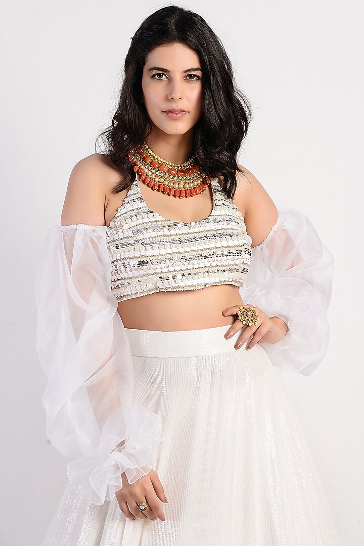 White Embroidered Wedding Lehenga Set With Detachable Sleeves by Rishi & Vibhuti at Pernia's Pop Up Shop