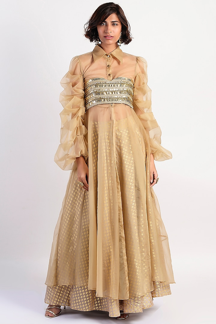 Gold Embroidered Lehenga Set With Jacket by Rishi & Vibhuti