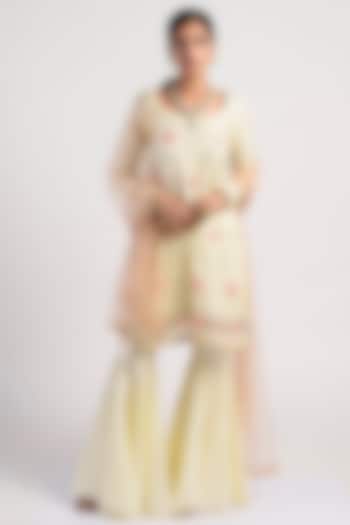 Lime & Peach Embroidered Gharara Set by Rishi & Vibhuti at Pernia's Pop Up Shop