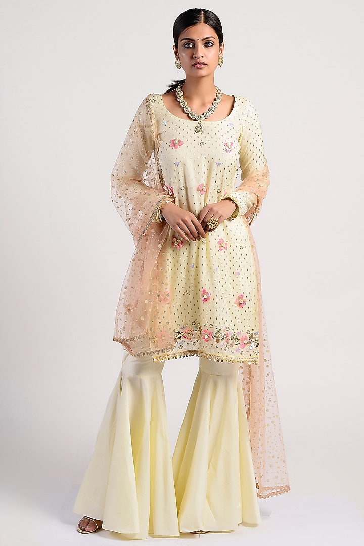 Lime & Peach Embroidered Gharara Set by Rishi & Vibhuti at Pernia's Pop Up Shop