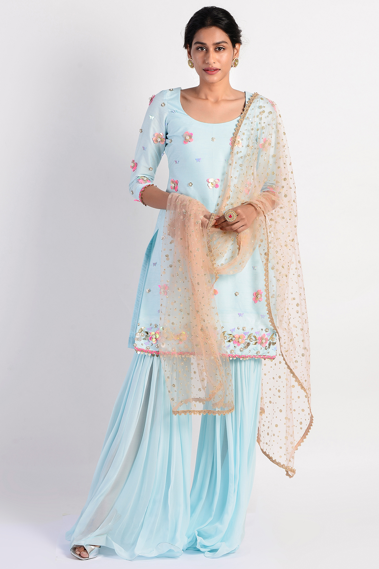 Light Blue & Peach Embroidered Gharara Set by Rishi & Vibhuti at Pernia's Pop Up Shop