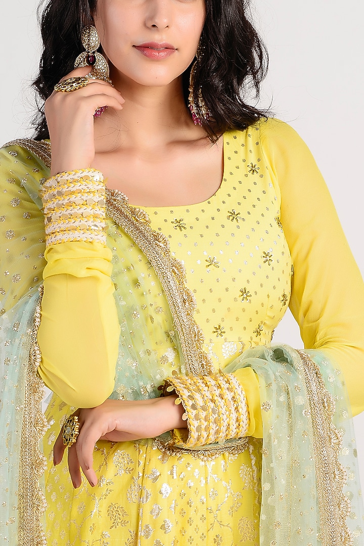 Yellow Embroidered Wedding Anarkali Set by Rishi & Vibhuti at Pernia's Pop Up Shop