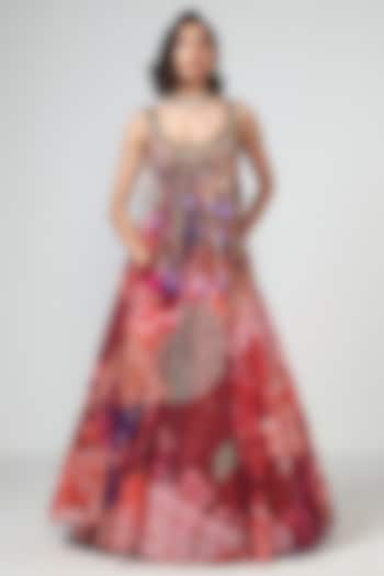 Cherry Red Organza Floral Printed Wedding Lehenga Set by Rishi & Vibhuti at Pernia's Pop Up Shop