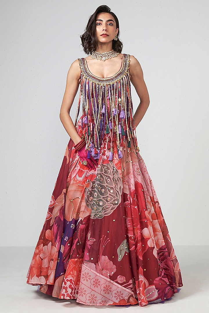 Cherry Red Organza Floral Printed Wedding Lehenga Set by Rishi & Vibhuti at Pernia's Pop Up Shop