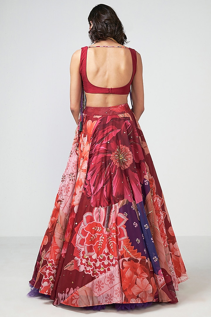 Cherry Red Organza Floral Printed Wedding Lehenga Set by Rishi & Vibhuti at Pernia's Pop Up Shop