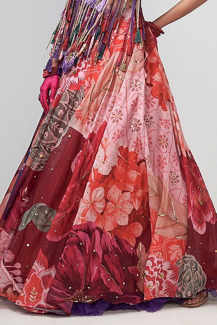 Cherry Red Organza Floral Printed Wedding Lehenga Set by Rishi & Vibhuti at Pernia's Pop Up Shop