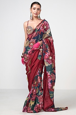 Cherry Red Organza Floral Printed Saree  by Rishi & Vibhuti