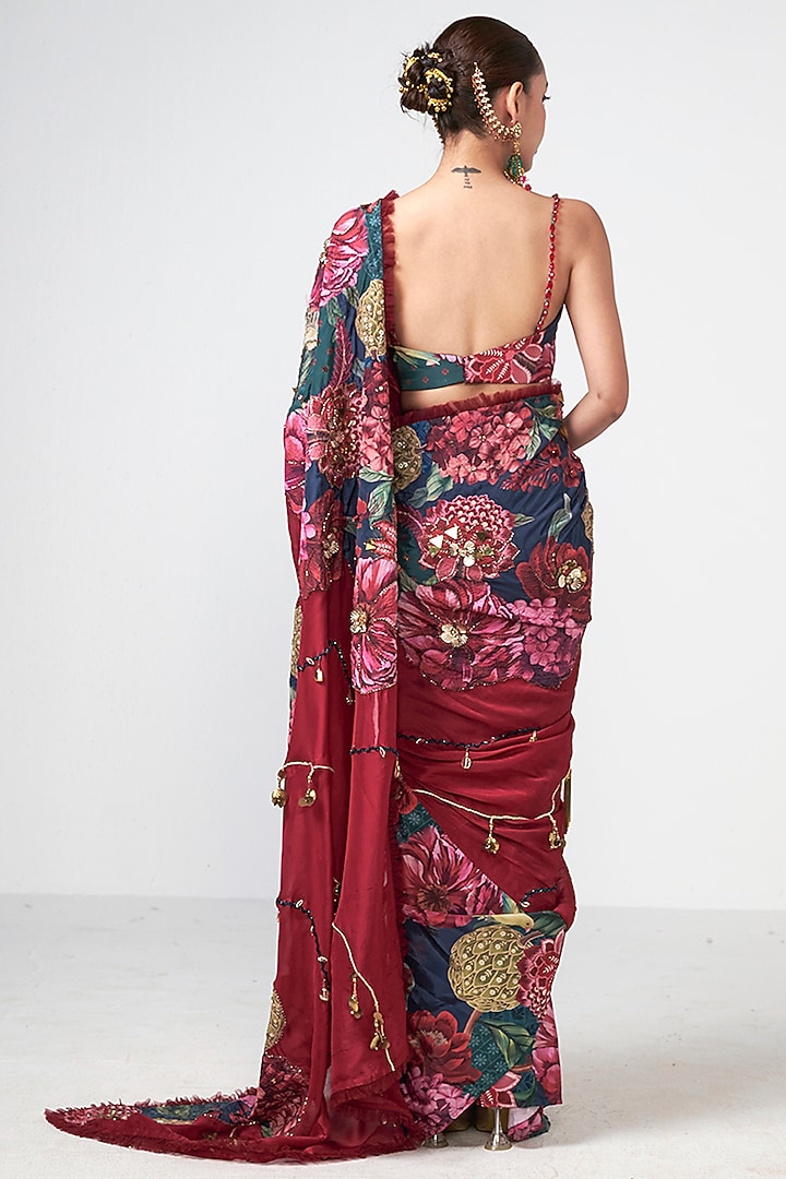 Cherry Red Organza Floral Printed Wedding Saree by Rishi & Vibhuti at Pernia's Pop Up Shop