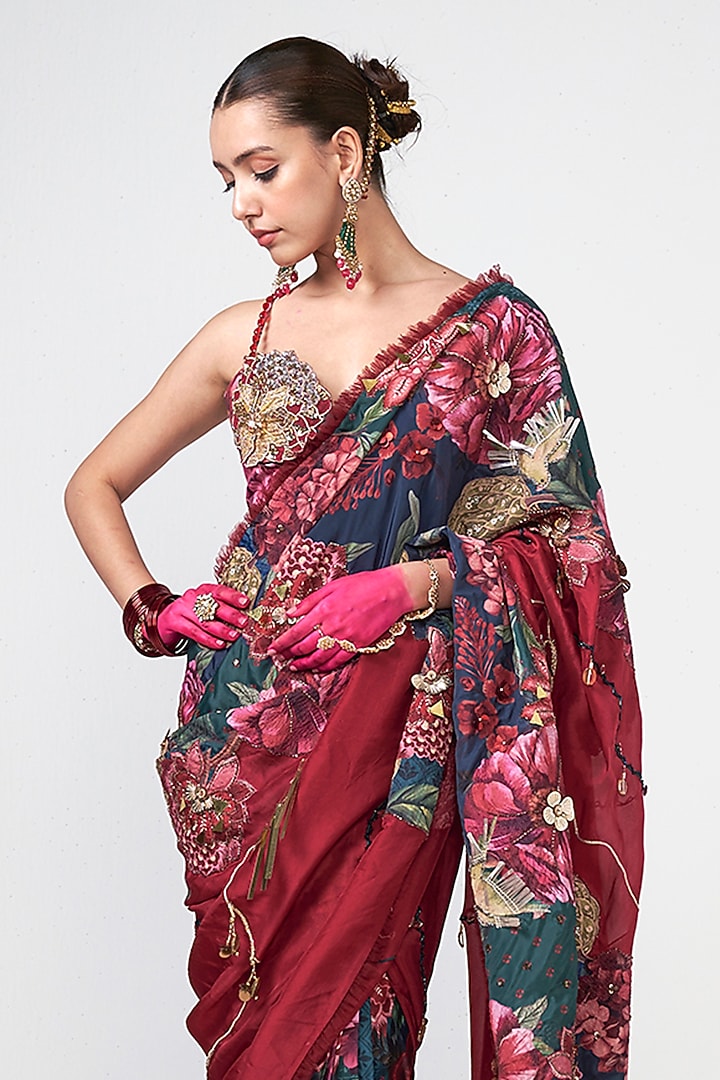 Cherry Red Organza Floral Printed Wedding Saree by Rishi & Vibhuti at Pernia's Pop Up Shop