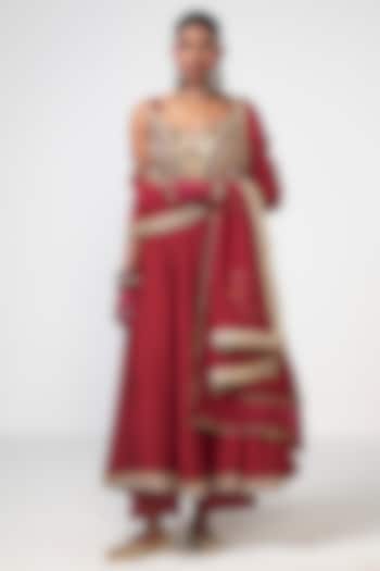 Cherry Red Chanderi Hand Embroidered Wedding Anarkali Set by Rishi & Vibhuti at Pernia's Pop Up Shop