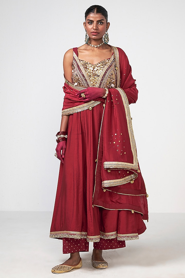 Cherry Red Chanderi Hand Embroidered Wedding Anarkali Set by Rishi & Vibhuti at Pernia's Pop Up Shop