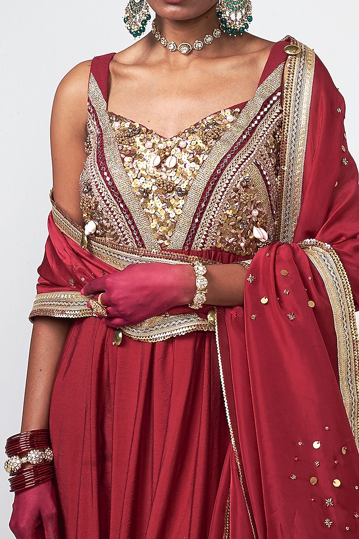 Cherry Red Chanderi Hand Embroidered Wedding Anarkali Set by Rishi & Vibhuti at Pernia's Pop Up Shop